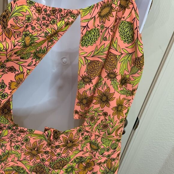 H&M Size 8 V Neck Sleeveless Tie Strap Zip Back Orange Green Gold Shorts Romper - Picture 9 of 12